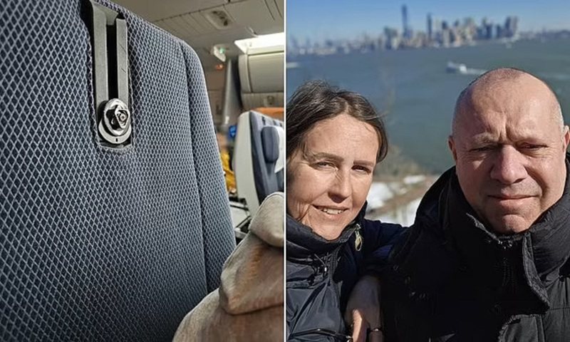 英國男子葉慈（右圖右）2月跟配偶克雷文（右圖左）搭乘英國航空班機飛往加拿大時，被迫坐在一個不僅沒有頭墊，還有一個2.5公分長螺栓暴露在外的座位上。照片翻攝：MAILONLINE / Kennedy News& Media