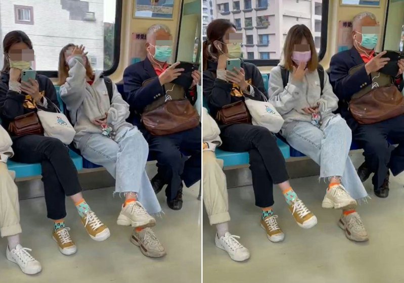 坐在老翁旁的女乘客雖然戴上口罩，但明顯聽到尷尬狂笑掩面，且笑到全身發熱，需要用手搧涼。圖／擷自X影片