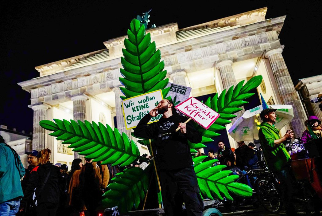 圖為柏林布蘭登堡前，民眾慶祝得國大麻合法化上路。 圖／法新社