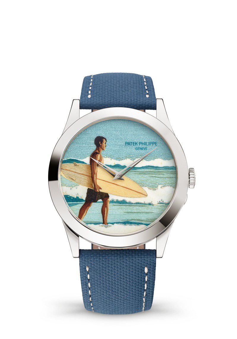 编号5089G-129，「海滩的早晨」木片拼接工艺Calatrava腕表。图／百达翡丽提供