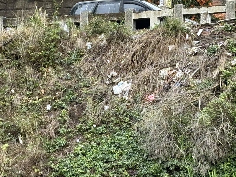 台中市太平龙宝桥附近的头汴坑溪边坡被乱丢垃圾。图／民众提供