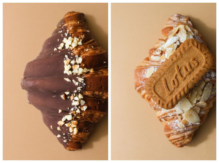 莊園榛果巧克力可頌（左）、杏仁海鹽焦糖可頌。圖／Buttered Flour 提供