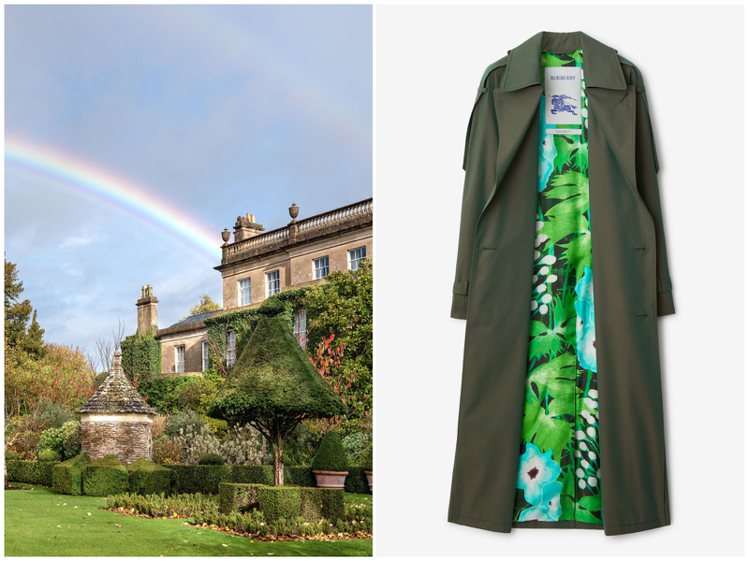 Burberry與英國王室的「海格洛夫莊園」（Highgrove）推出聯名系列，並包含兩款風衣與四款印花絲巾。圖／Burberry提供、翻攝自 IG @ highgrovegarden