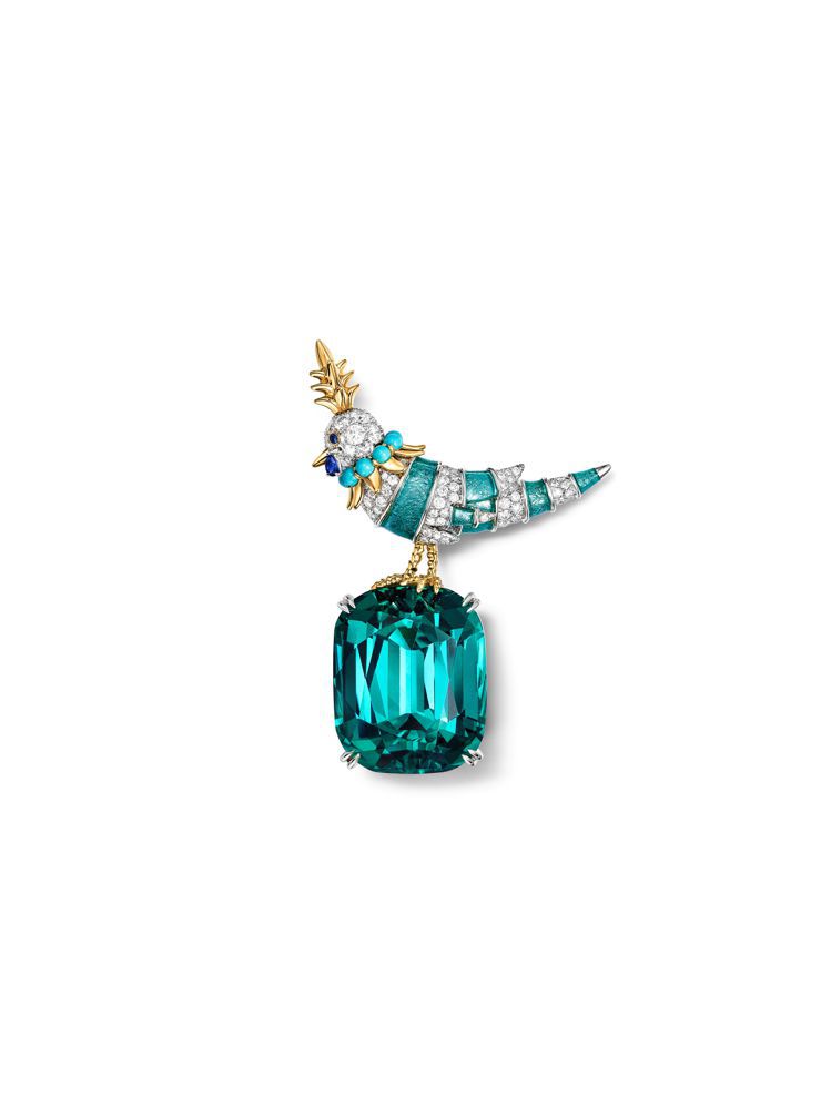 Jean Schlumberger by Tiffany高級珠寶系列彩虹石上鳥胸針，鉑金及18K黃金鑲嵌一顆重逾56克拉的藍色碧璽，綠松石，藍寶石及鑽石。圖／Tiffany提供