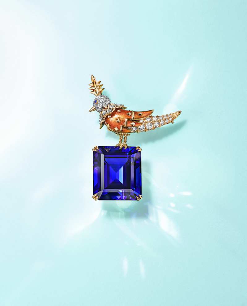 Jean Schlumberger by Tiffany高级珠宝系列彩虹石上鸟胸针，铂金及18K黄金镶嵌一颗重逾65克拉的坦桑石，玫瑰色珐瑯，蓝宝石及钻石。图／Tiffany提供
