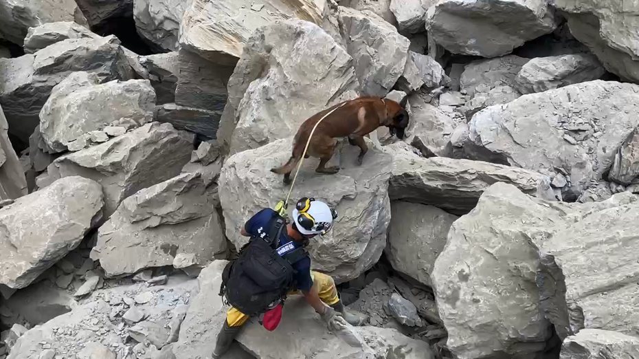 高雄市特搜隊員陳孟弘帶著搜救犬傳八，在砂卡礑尖利的巨石堆中，爬上爬下出救援任務，畫面讓網友看了很揪心。圖／高雄市消防局提供