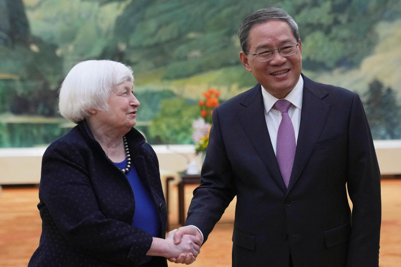 美國財政部長葉倫7日上午在北京與大陸國務院總理李強會面。（法新社）