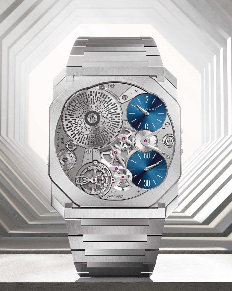 Octo Finissimo Ultra Platinum超薄鉑金腕表搭載BVL 180自製機芯，以僅1.80毫米纖薄之姿，位居鉑金腕錶之冠，全球限量推出20只。圖／寶格麗提供