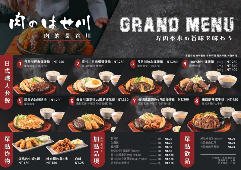 「肉的长谷川」餐点价格表。图／摘自肉的长谷川脸书