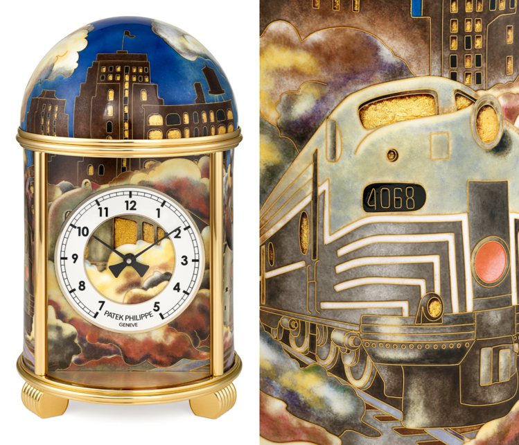 「珍稀手工藝2024」特展將展出20155M-001拱頂座鐘，以半透明琺瑯下結合銀箔，重現摩登大樓與蒸汽火車所代表的「美國夢」。圖／百達翡麗提供