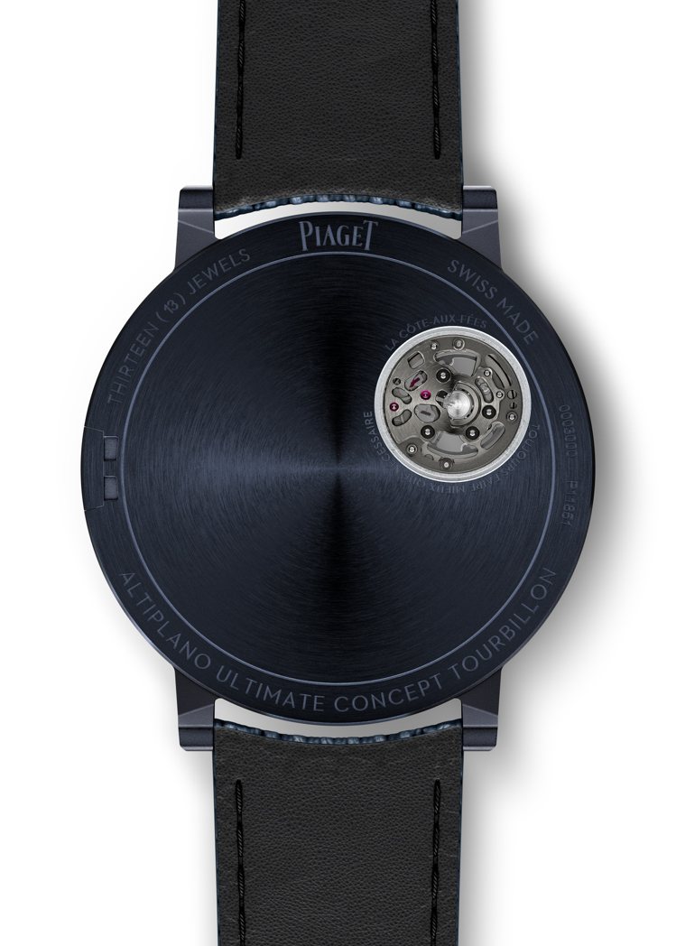 PIAGET Altiplano Ultimate Concept系列終極概念手動上鍊超薄陀飛輪腕表150週年紀念款表背。圖／伯爵提供