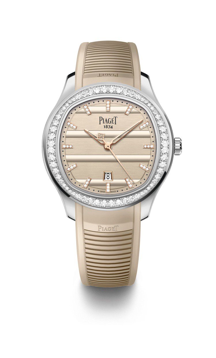 PIAGET Polo系列36毫米日期顯示自動上鍊鑽石腕表，搭配奶油色橡膠錶帶，伯爵150週年紀念款，全球限量300只。