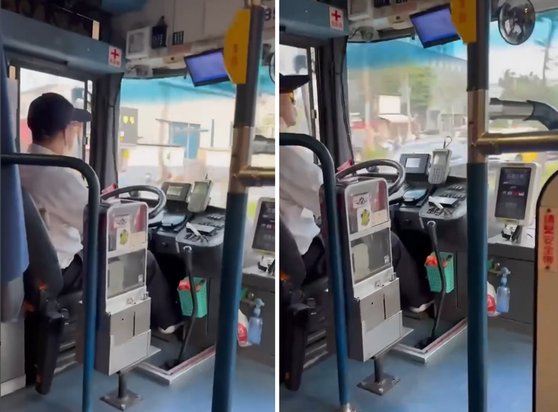 圖為桃園客運公車司機手握方向盤左右搖晃，讓全車跟著他的擺動像在坐碰碰車。擷自臉書社團「我是台灣行人」影片