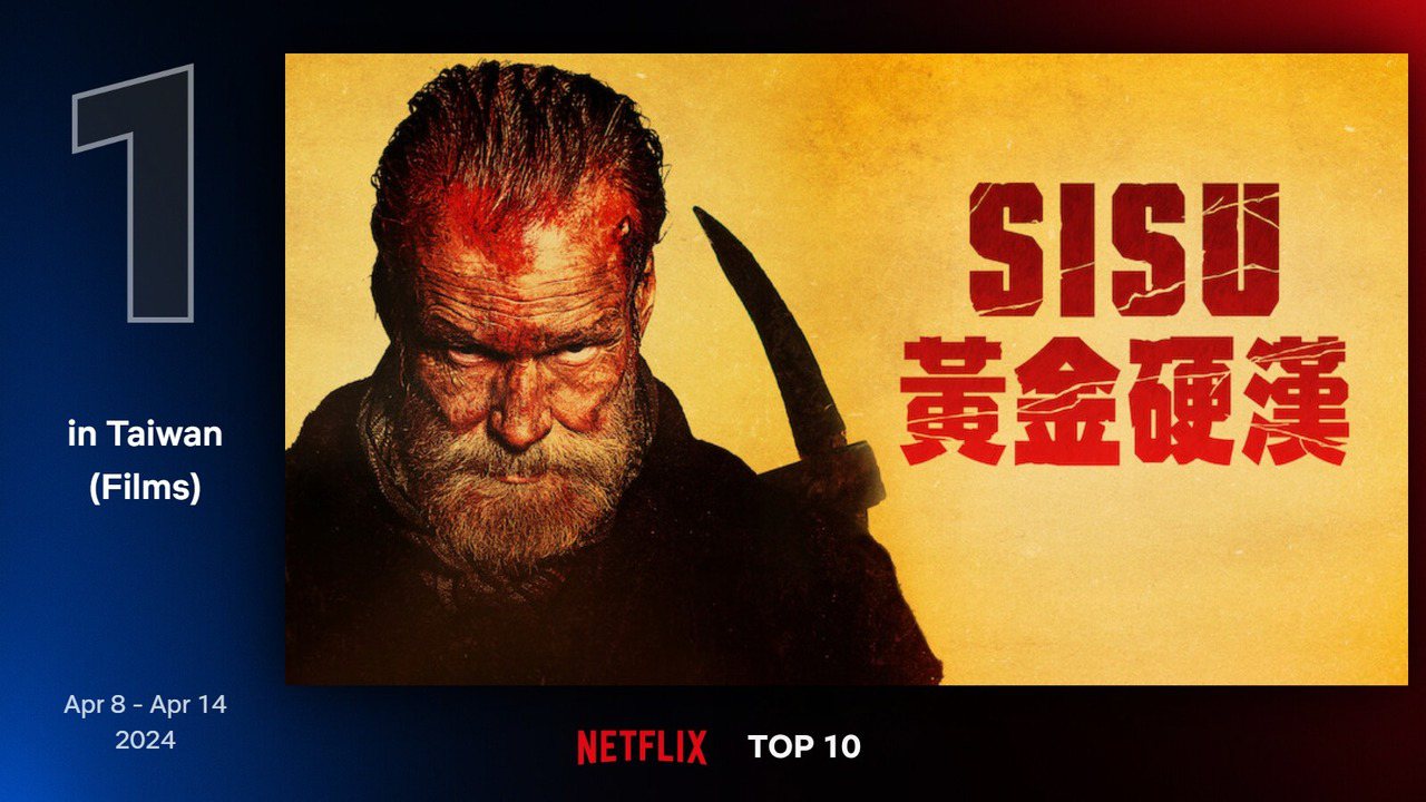 Netflix 最新TOP 10熱門電影片單第一名－《SISU：黃金硬漢》。圖/Netflix