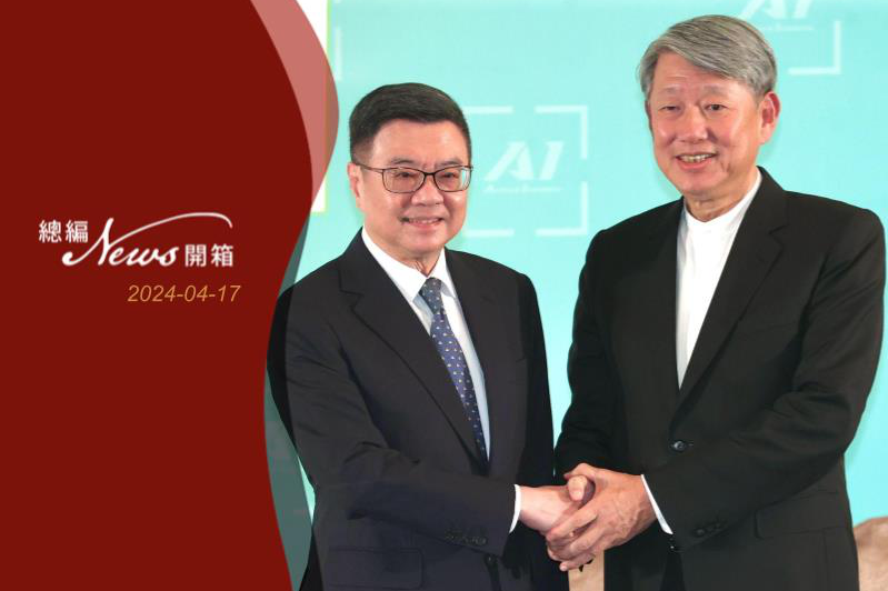 準行政院長卓榮泰（左）4月16日介紹新內閣經濟部長郭智輝（右）。記者林俊良／攝影
