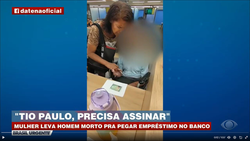巴西一名女子遭控用輪椅推著已斷氣的叔叔，前往銀行領取貸款。取自YouTube