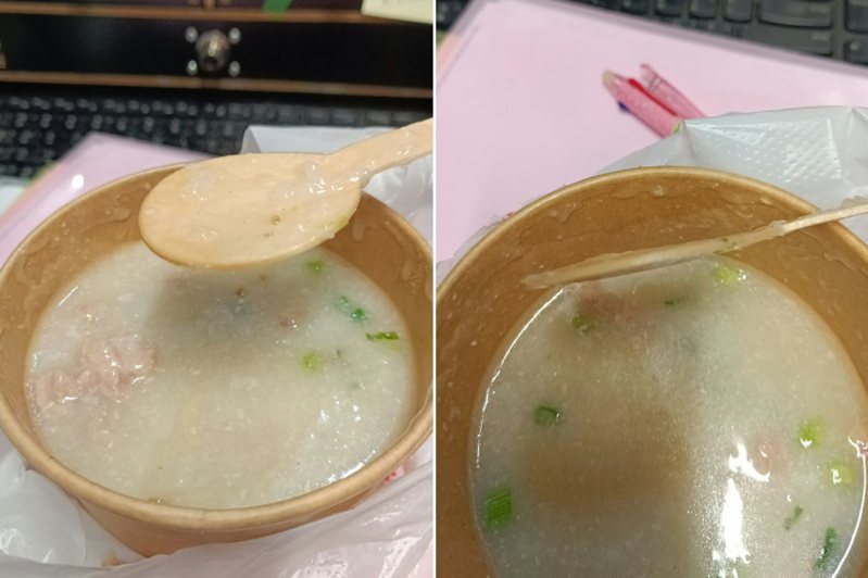 有網友外帶1碗熱粥，卻發現餐廳提供的木製湯匙太過扁平，並不好用。圖／翻攝自FB「 香港茶餐廳及美食關注組」