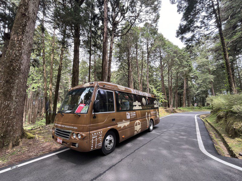 阿里山國家森林遊樂區今天公布全新主視覺，遊園車的車身改為神木褐色，加上各式阿里山特有生物圖形。記者黃于凡／攝影