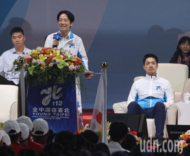 全中运开幕式晚间于台北小巨蛋举行，地主台北市长蒋万安（右）与副总统赖清德（左）同台。记者曾原信／摄影
