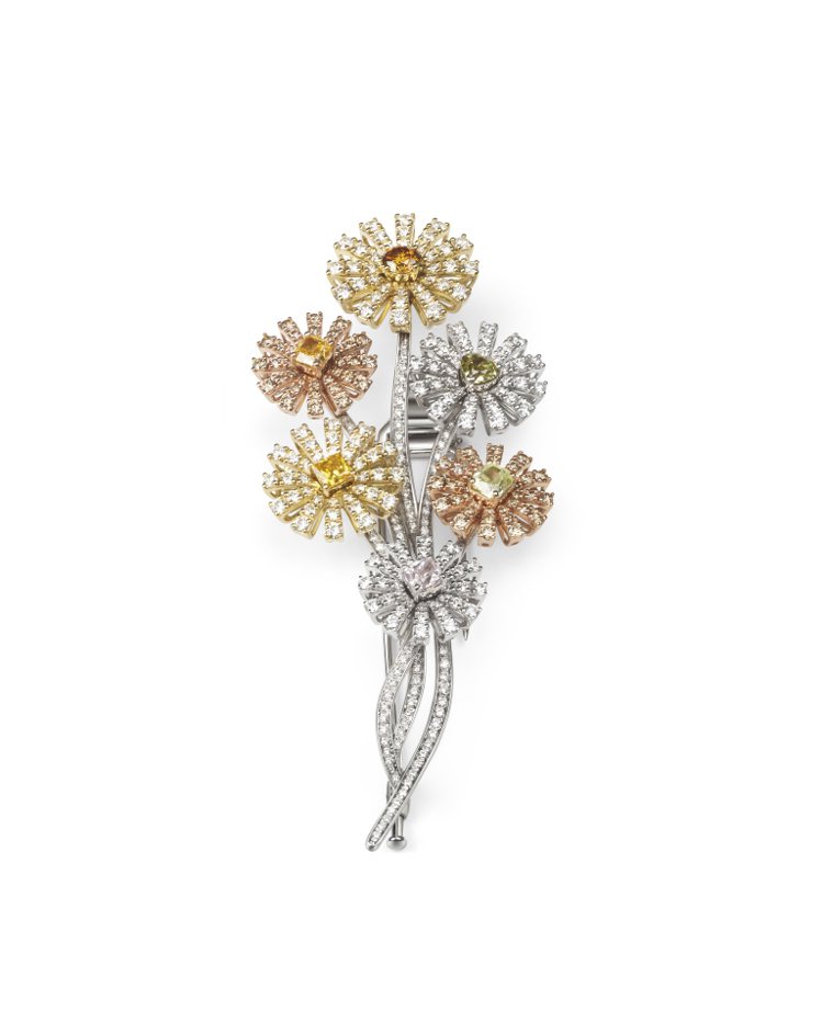 DAMIANI Margherita Caleidoscopio萬花筒彩鑽胸針，18K⽩⾦、⿈⾦和玫瑰金鑲嵌彩鑽總重3.14克拉、鑽石，382萬元。圖／DAMIANI提供