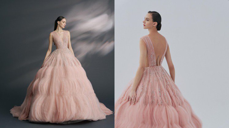 LinLi Boutique 2024春夏「花鏡系列」花瓣型壓車荷葉打造的粉色晚禮服「Lisianthus 桔梗」是花鏡系列中使用最多材料的作品。圖／LinLi Boutique提供