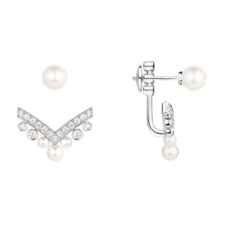 Joséphine Aigrette耳環，18K白金鑲嵌Akoya珍珠與鑽石，單只15萬6,000元。圖／CHAUMET提供