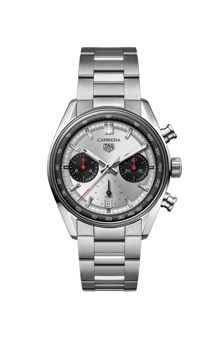 TAG Heuer於2024年鐘表與奇蹟表展上推出採用Glassbox的全新Carrera計時腕表銀面鍊帶款，21萬8,700元。圖／泰格豪雅提供