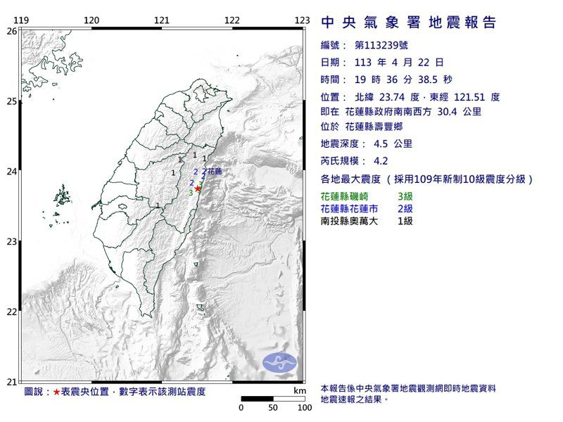 台大地質系教授吳逸民表示，0403地震規模達7.2，餘震持續時間會相當長，之前921大地震規模7.3，餘震就持續將近一年。圖／中央氣象署提供
