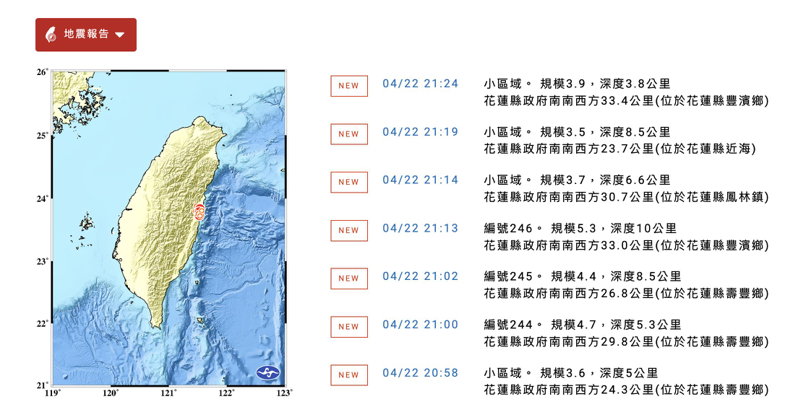 中央氣象署地震報告，今晚9時13分花蓮縣豐濱鄉發生規模5.3地震。圖／截自中央氣象署