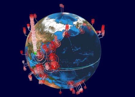 「Earthquake 3D Live」全球地震3D圖清楚可見，由於台灣7天內地震發生密集，疊加宛如「摩天大樓」畫面與其他國家呈現明顯對比。圖／取自「Earthquake 3D Live」網站