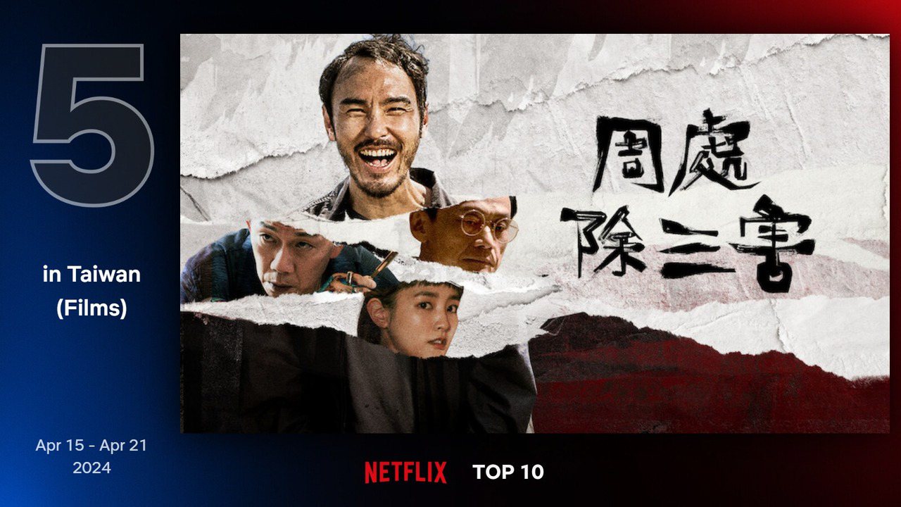 Netflix 最新TOP 10熱門電影片單第五名－《周處除三害》。圖/Netflix