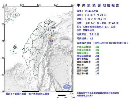 24日凌晨花蓮近海發生規模4.6地震，最大震度4級。 圖／氣象署提供