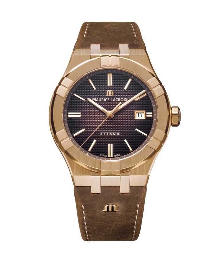 艾美表AIKON系列青銅自動上鍊腕表，搭配快拆復古棕色皮革表帶，限量888只。圖／Maurice Lacroix提供