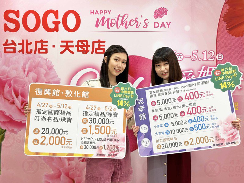 SOGO母親節檔期4月27日起至5月12日展開，今年首度與中信LINE Pay卡獨家合作，首六日回饋最高14%。圖／SOGO提供