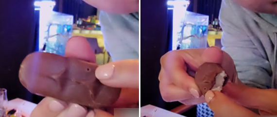 南韩一名女直播主收到陌生巧克力，而上面竟出现诡异洞孔。图／撷自YouTube「빛나는가경이」