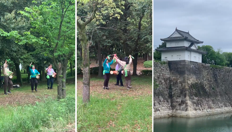 一名日本網友在X平台PO出三則疑似是中國大陸婦女在大阪城旁的公園內跳起花鼓舞影片。擷自X平台