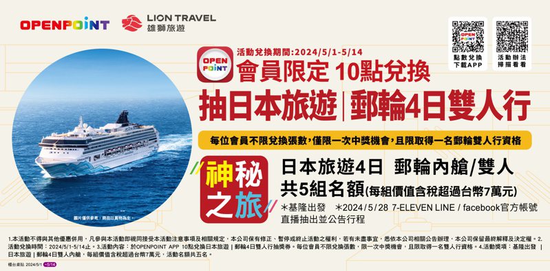 7-ELEVEN OPENPOINT APP自5月1日至5月14日携手雄狮旅游推出「10点换日本神秘之旅｜邮轮4日双人行抽奖券」，有机会抽价值7万元的双人日本神秘邮轮行。图／7-ELEVEN提供