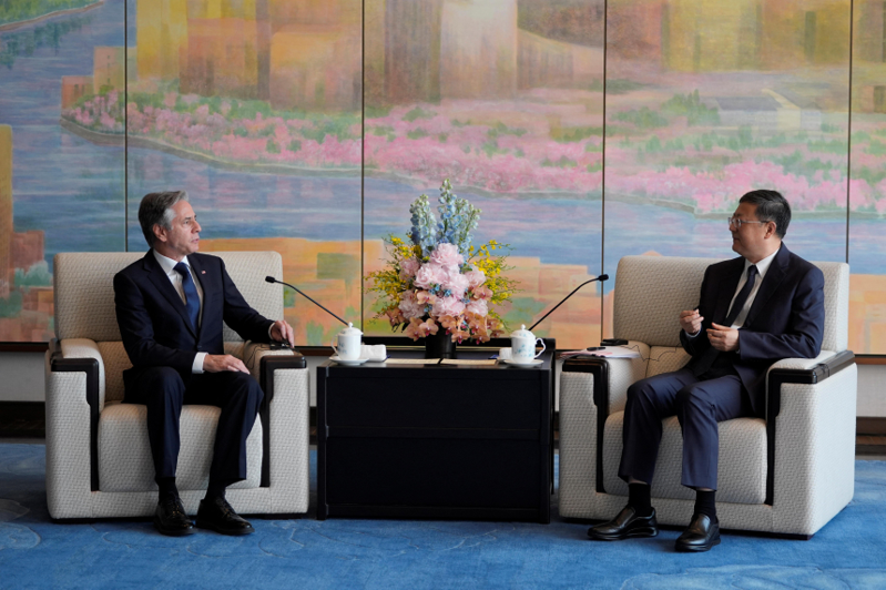 美國國務卿布林肯25日上午與上海市委書記陳吉寧會面。圖／路透