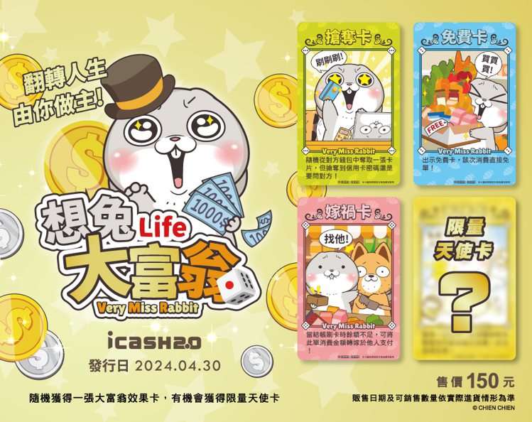 愛金卡公司攜手知名插畫「好想兔」共同推出「好想兔－想兔Life大富翁icash2.0」，採用盲包方式販售，4款隨機出貨。圖／愛金卡公司提供