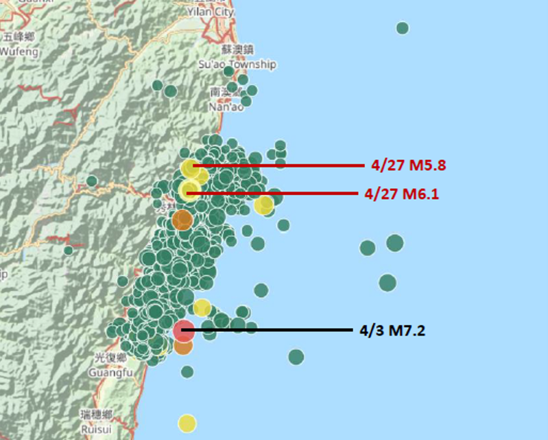 今天凌晨2點21分、2點49分花蓮近海接連發生規模6.1、規模5.8地震。都發生在0403地震序列比較偏北的位置。圖／中央氣象署提供