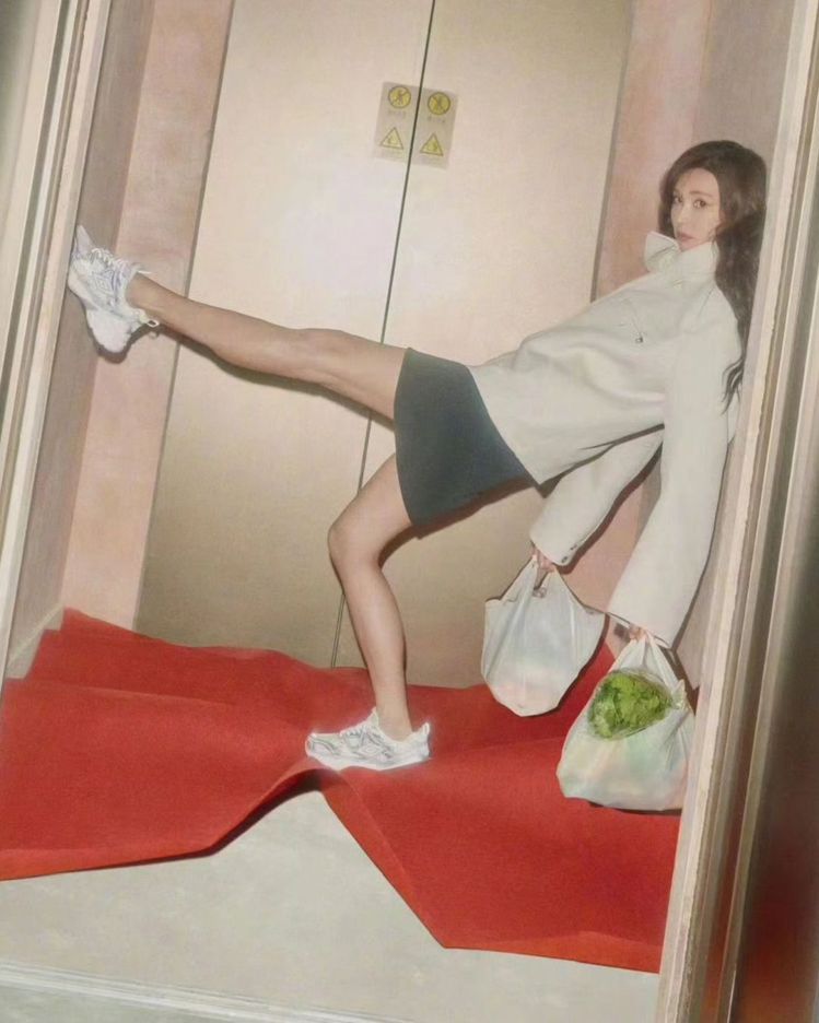 林志玲拿著菜籃在電梯內拍照。圖／摘自林志玲IG
