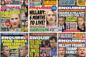 2016年美國總統大選投票前，國家詢問報頻頻刊出誣蔑川普政敵的封面故事。美聯社