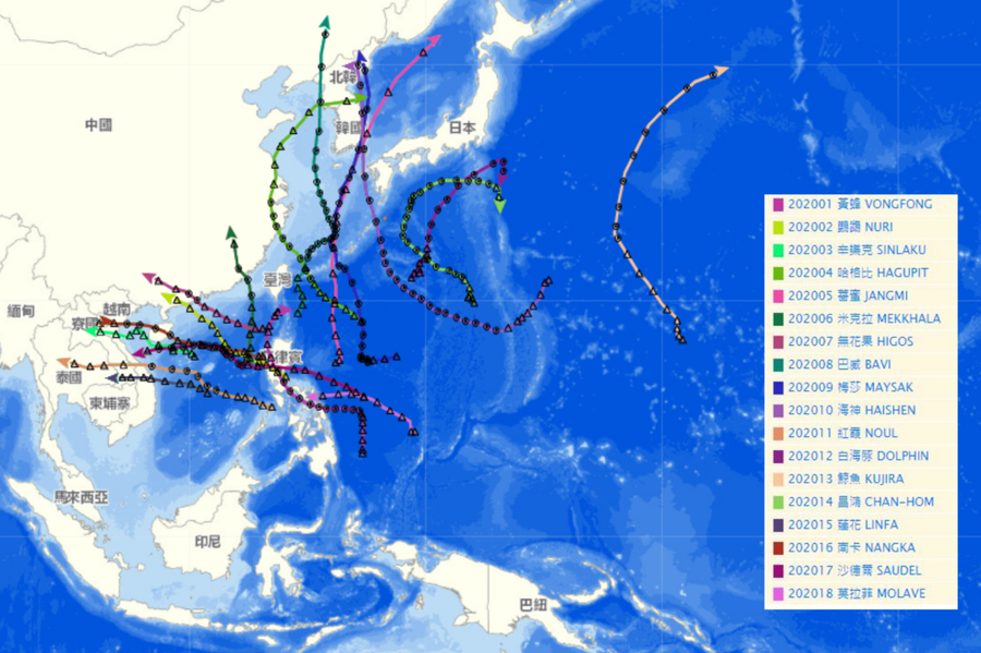 氣象局公布的18個颱風路徑全部躲過台灣。圖／氣象局