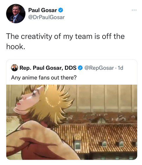 共和党众议员戈萨的推特在文中改编日本动漫影片持剑攻击欧凯秀，遭批评。图／取自推特(photo:UDN)