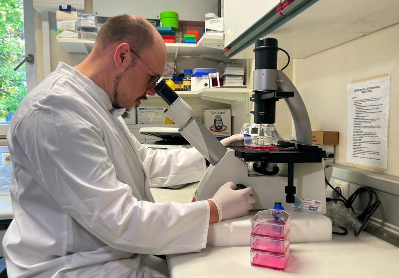 全球科學家正全力研究猴痘病毒，圖為德國軍方的微生物研究所正在分析病毒。(路透)