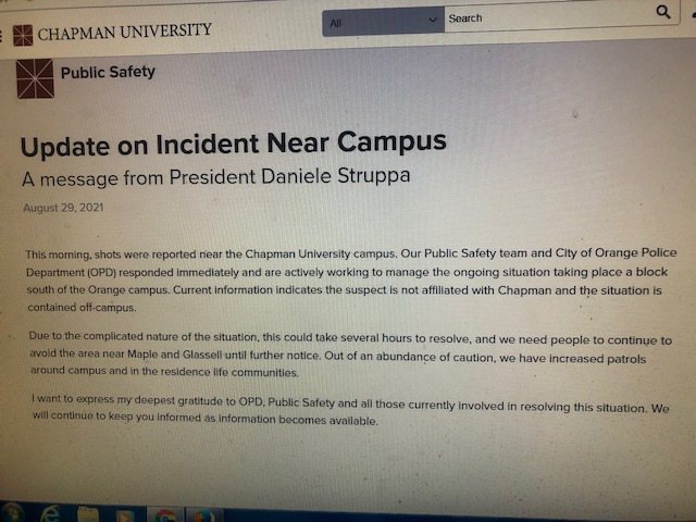 查普曼大學官網對開槍事件發表聲明。（查普曼大學官網）
