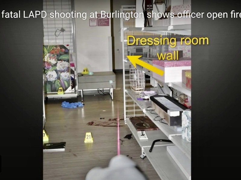 警察射出的一粒子弹从地面反弹，穿过了更衣区一堵墙击中女孩。（LAPD视频）(photo:UDN)