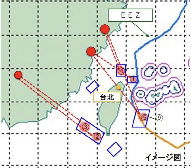 共军日前展开包围台湾的大规模军事演习，4日发射的弹道飞弹有5枚落在日本专属经济区（EEZ）。图／翻摄自日本防卫省网站(photo:UDN)