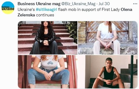 乌克兰第一夫人欧伦娜·泽伦斯基7月登上「时尚杂志」封面，她的「坐姿不够女性化」遭到批评。许多女性开始在社群媒体使用#SitLikeAGirl 的标签，摆出和欧伦娜一样的坐姿，挑战女性刻板印象。（取自推特）(photo:UDN)