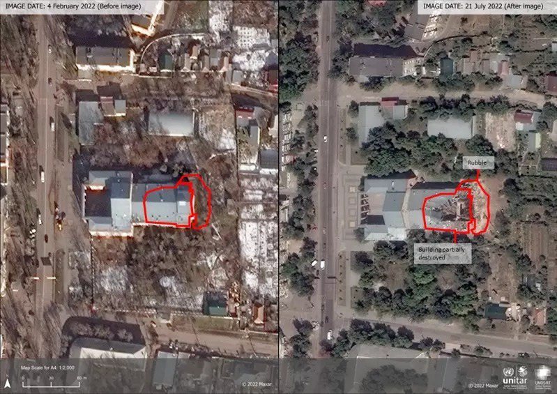 联合国正利用前后对照的卫星影像，来监控俄乌战争对乌克兰造成的文化破坏。图为在尼古拉耶夫科拉贝尼区的文化宫今年2月4日（左图）和7月21日（右图）的卫星图像比较。（美联社）(photo:UDN)